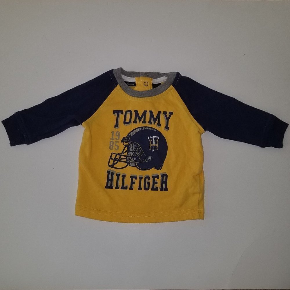 Tommy Hilfiger Yellow Blue Shirt Baby Boy 0-3 Months Football Helmet Long Sleeve